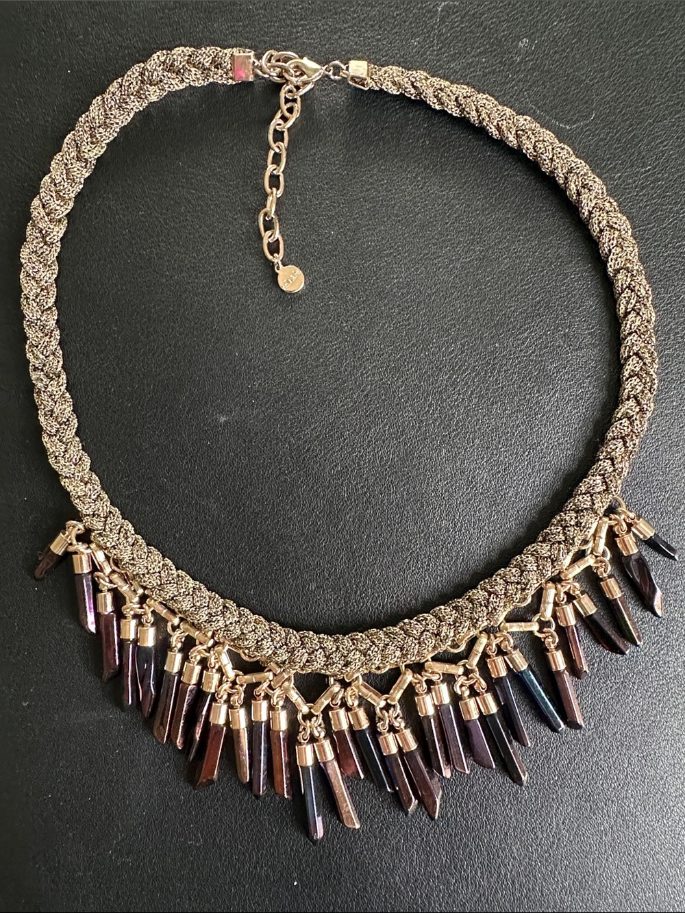 Stella and Dot Gold-Tone Braided Necklace with Dark Iridescent Spike Charms